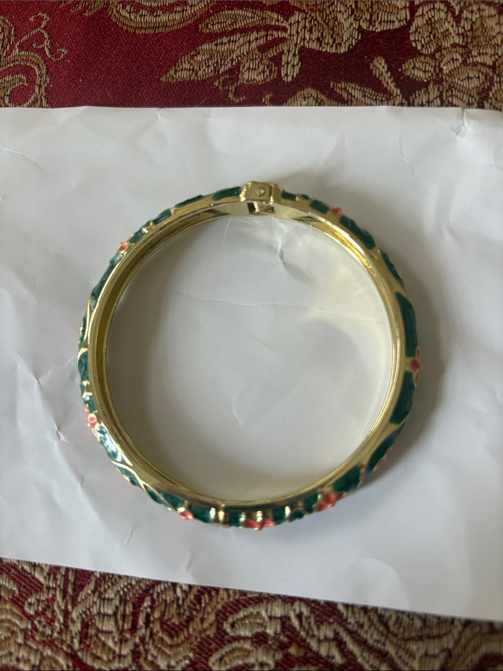 Gold-Tone Green Floral Enamel Hinged Bangle Bracelet